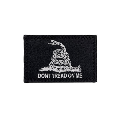 Black patch with white snake and 'Don't Tread on Me' text on a white background