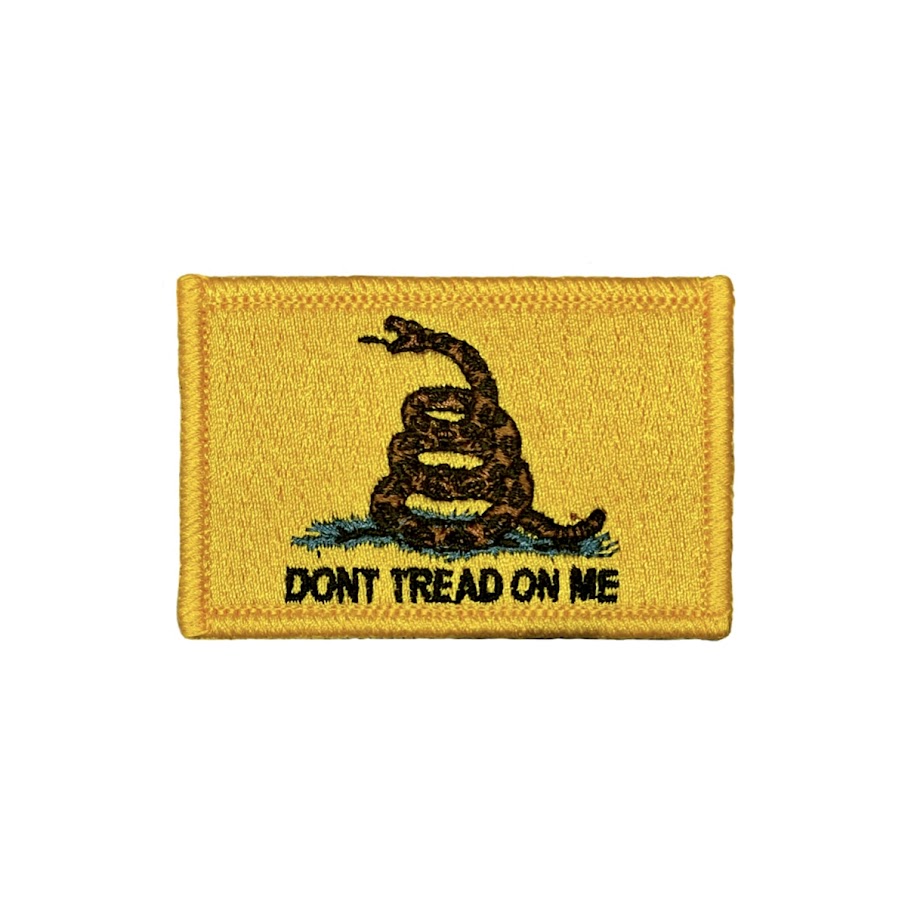 Embroidered patch with a snake and 'Don't Tread on Me' text on a yellow background