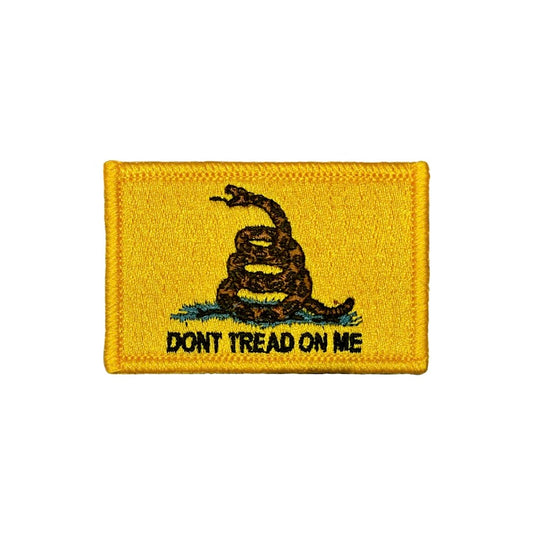 Embroidered patch with a snake and 'Don't Tread on Me' text on a yellow background