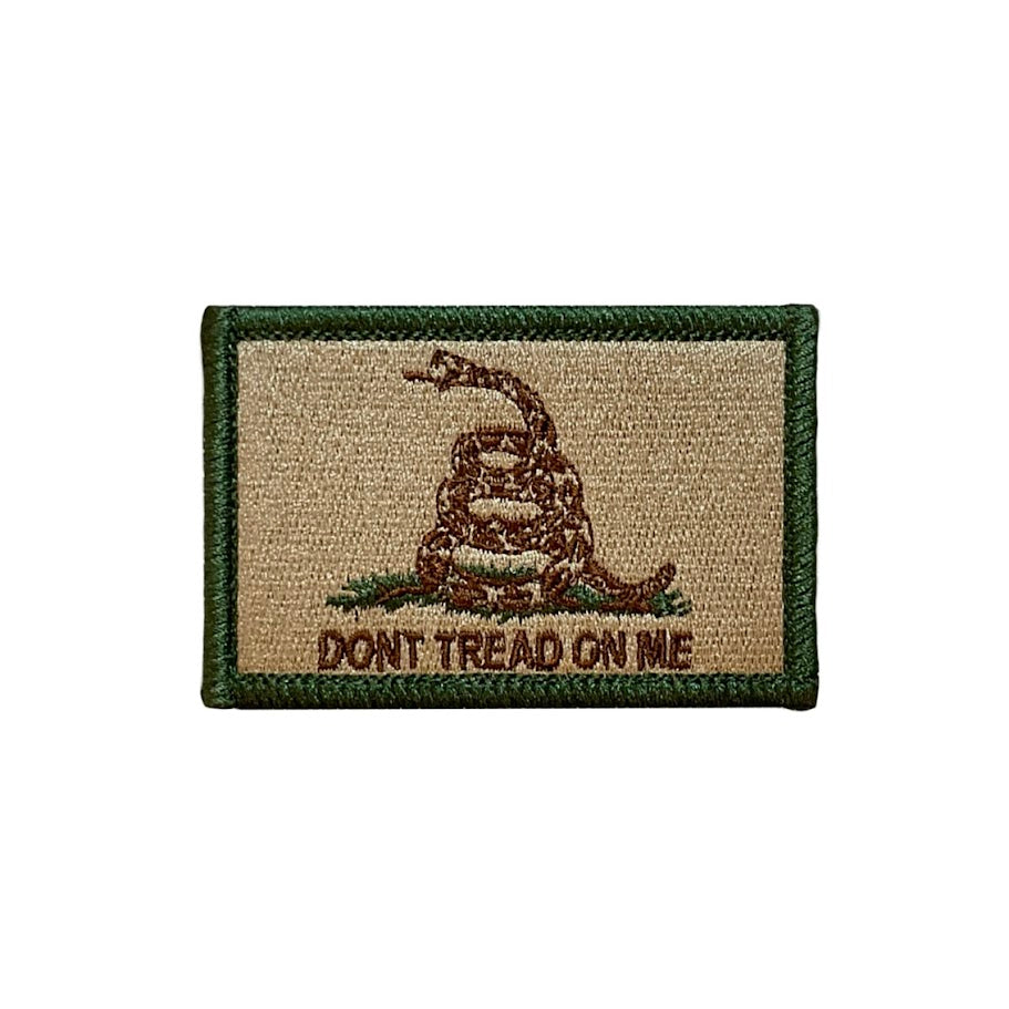 Patch with Gadsden snake design and 'Don't Tread on Me' text on a beige background