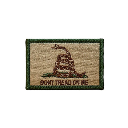 Patch with Gadsden snake design and 'Don't Tread on Me' text on a beige background